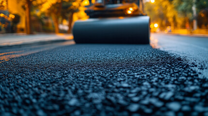 large road roller compacts fresh asphalt on a new roadway under construction, symbolizing progress, development, and the foundation of future infrastructure in urban or rural environments