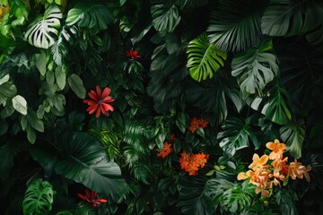 Wall Mural - Green leaves and red flowers