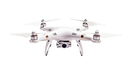 White drone with propellers and camera isolated transparent background