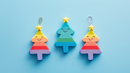 Charming illustration of three smiling Christmas trees in rainbow colors on a blue background, ideal for festive and holiday-themed projects. The trees are adorned with stars, adding a touch of magic.