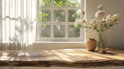 Wall Mural - Wooden countertop mock up with summer background and cozy ambiance.