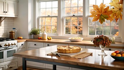 A kitchen counter with a pie, a vase of berries, and apples on the counter.  There are three windows in the background with an autumnal view.