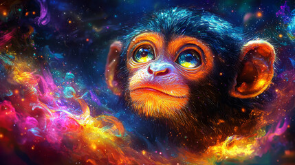 Canvas Print - A cute monkey with big eyes looks up at a colorful sky.