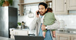 © peopleimages.com - Phone call, man and baby in kitchen for care, communication and contact in paternity leave. Father, sleeping child and mobile in home for checkup, doctor appointment and schedule for healthcare