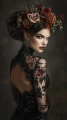 Canvas Print - A woman with a flower crown tattoos on the body on a dark background.