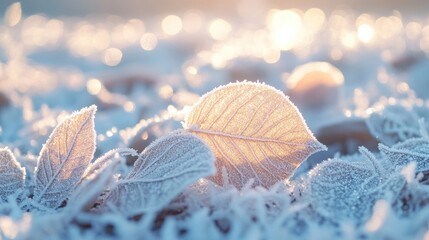 Canvas Print - Frost-covered leaves glisten in soft light, showcasing winter's beauty and tranquility.