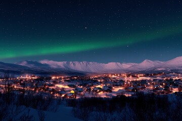 aurora borealis, northern lights over the village and mountains Abisko Kiruna , ai