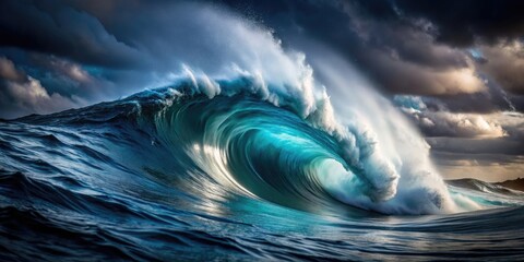 Dramatic cresting wave in dark ocean , powerful, turbulence, massive, wave, crest, dramatic, light, dark, ocean, environment, nature