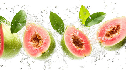 Fresh Guava Slices Splashing in Water with Leaves