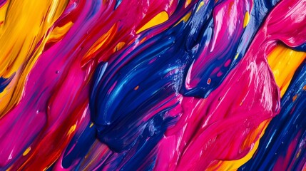 Wall Mural - Vibrant abstract painting with bold brushstrokes of yellow, blue, pink, and red, creating a dynamic and colorful visual experience.