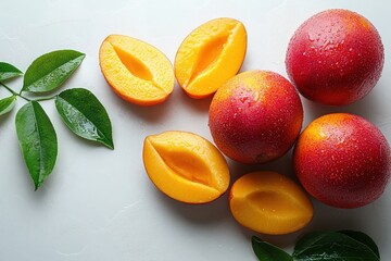 Sticker - Fresh peaches and nectarines with green leaves on a light surface.