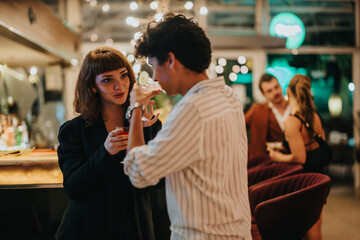 Poster - Group of young adults socializing and enjoying drinks at a bar. The lively atmosphere captures a night out with friends, highlighting conversation and connection.