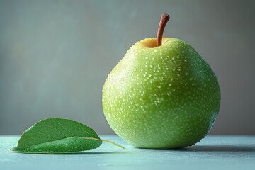 A fresh green pear with water droplets and a leaf on a light surface.