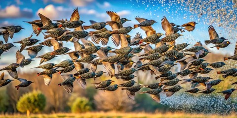 Majestic flock of starlings takes to the sky, forming a mesmerizing vortex of wings and feathers as they fly together in synchronized harmony.