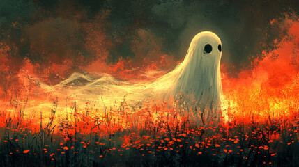 Sticker - A white ghost stands in a field of fire.