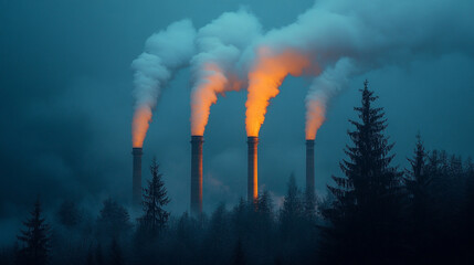 industrial complex with factories emitting thick smoke into the atmosphere, symbolizing environmental pollution and CO2 emissions. Represents climate change, industrialization, and ecological damage