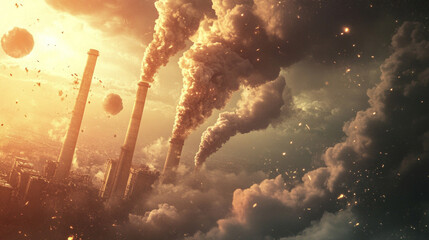 industrial complex with factories emitting thick smoke into the atmosphere, symbolizing environmental pollution and CO2 emissions. Represents climate change, industrialization, and ecological damage