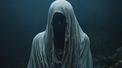 A shadowy figure shrouded in a dark cloak, a sense of mystery and suspense.