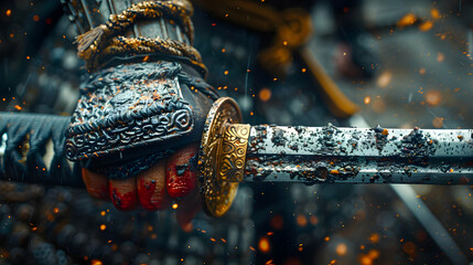 Wall Mural - Close-up of a Samurai Sword with Sparks - Illustration