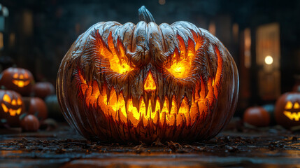 Wall Mural - A menacing jack-o'-lantern with glowing eyes and sharp teeth.