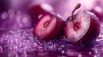 Wall Mural - Fresh Plum Slices Splashing in Purple Liquid