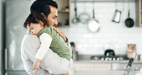 Sticker - Man, baby or laptop in kitchen for sleeping, care or multitask with remote work. Father, tired child or reading tech for research, childcare tips or infant burping tutorial in home on paternity leave