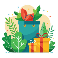 Wall Mural - a nice looking gift box, front, greenery, gift bag vector illustration