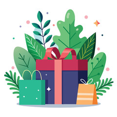 Wall Mural - a nice looking gift box, front, greenery, gift bag vector illustration