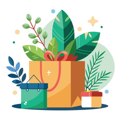 Wall Mural - a nice looking gift box, front, greenery, gift bag vector illustration