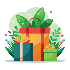 Wall Mural - a nice looking gift box, front, greenery, gift bag vector illustration