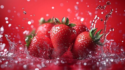 Wall Mural - Fresh Red Strawberries Splashing in Water