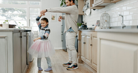 Poster - Girl, ballerina and dancing with father in home, kitchen and holding hands with smile, care and bonding. Man, dad and child with ballet, connection and tutu for funny game with love in family house