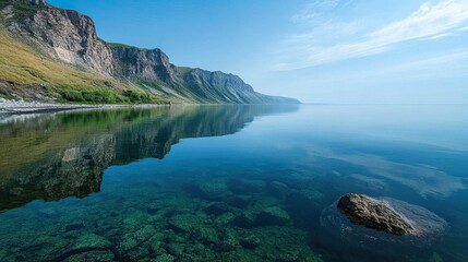 Wall Mural - Lake Baikal, serene waters reflecting the surrounding mountains, with no boats or people.