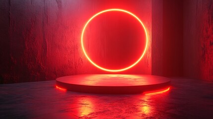 Wall Mural - Red neon-lit background with geometric 3D platform, empty pedestal for advertising and Cyber Monday sales.