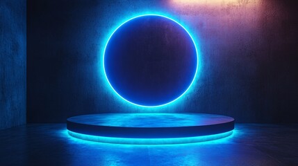 Wall Mural - Blue neon background with empty 3D pedestal, perfect for product display on Black Friday or Cyber Monday.