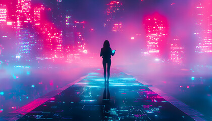 Wall Mural - A woman walks towards a glowing neon city in a futuristic setting.