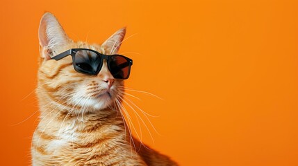 Wall Mural - A stylish orange cat wearing sunglasses against a vibrant orange background.