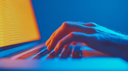 Poster - Man Typing on Laptop in Vibrantly Colored Digital Environment with Blue and Orange Hues