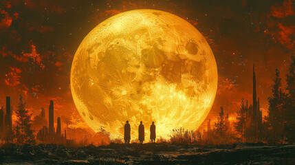 Three figures stand in silhouette against a giant, glowing moon in a surreal landscape.