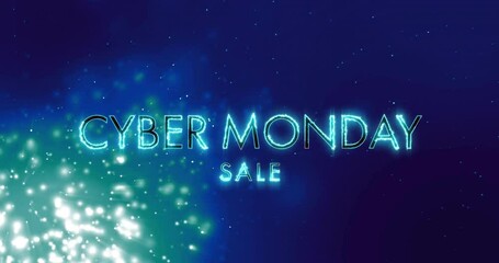 Sticker - Cyber Monday Sale text animation over glowing particles on blue background