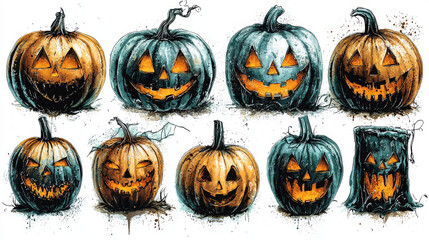 Wall Mural - Spooky Jack-o'-lanterns with glowing eyes.