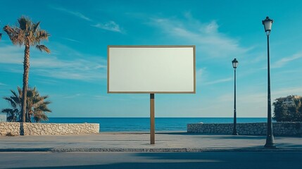 Empty paper board sign on the city street, beach backdrop, perfect for ad or promotional content with copy space.