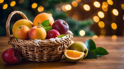 Fresh organic tropical fruit basket on wooden table, refreshing healthy nutrition diet food, bokeh light Christmas background