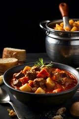 Authentic Hungarian cuisine food goulash with tender beef pieces, delicious meat stew & potato soup, healthy savoury meal