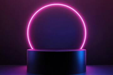 Wall Mural - realistic 3d background, black cylinder pedestal podium with round circle glowing neon lighting. bla