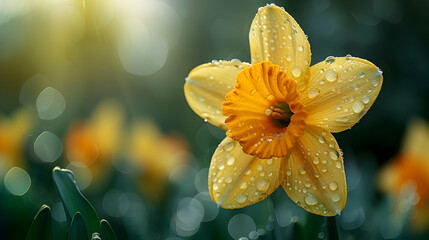 Wall Mural - Close Up of a Yellow Flower with Dew Drops - Photo