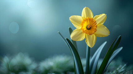 Wall Mural - A Single Yellow Daffodil with Green Leaves on a Blue Background - Illustration