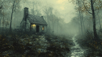 Canvas Print - A small, stone cottage sits alone in a foggy forest.