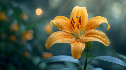 Orange Lily Flower with Dew Drops in Green Nature Illustration