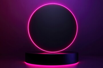 Realistic 3D background, Black cylinder pedestal podium with round circle glowing neon lighting. Black friday sale concept, Vector abstract minimal scene products stage showcase, with generative ai